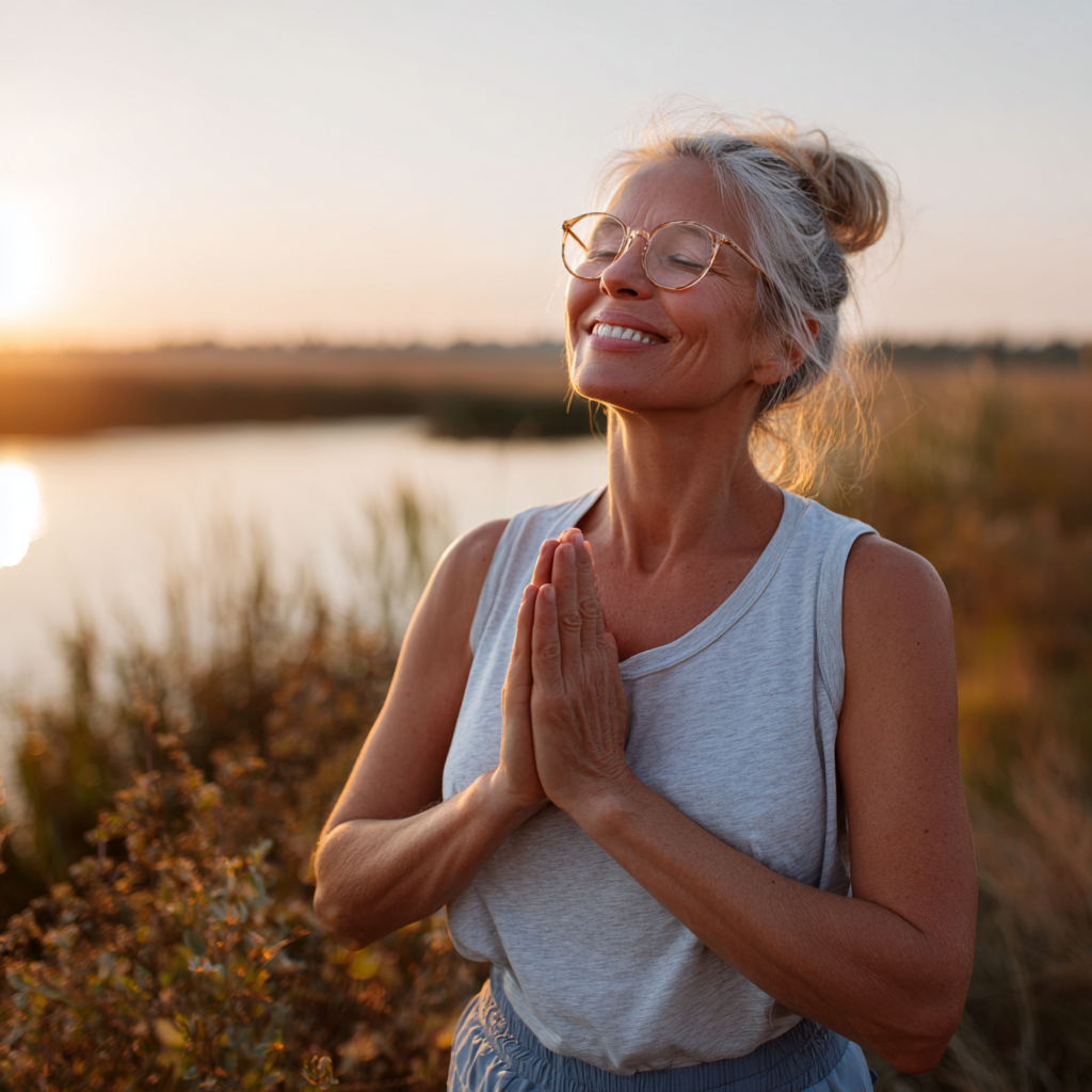 Peaceful middle-aged Ukrainian woman practicing yoga meditation in serene natural setting