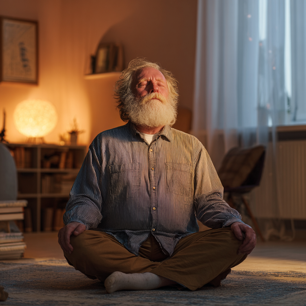 Group of diverse Ukrainian adults practicing morning yoga in peaceful sunrise setting