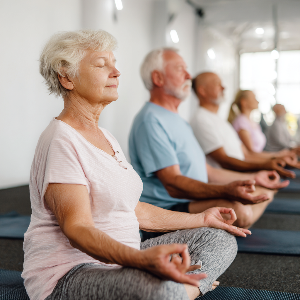 Serene elderly Ukrainian woman in meditation pose surrounded by peaceful nature